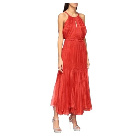 MARIA LUCIA HOHAN Maella Silk Tent Dress Red Chiffon Ruffled Plisse Halter Gown - Picture 16 of 16